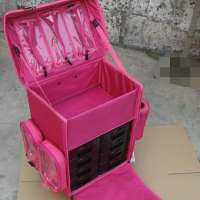 Top sale pink 1680D nylon fabric trolley makeup tools bag zipper pouches clear wheel low MOQ